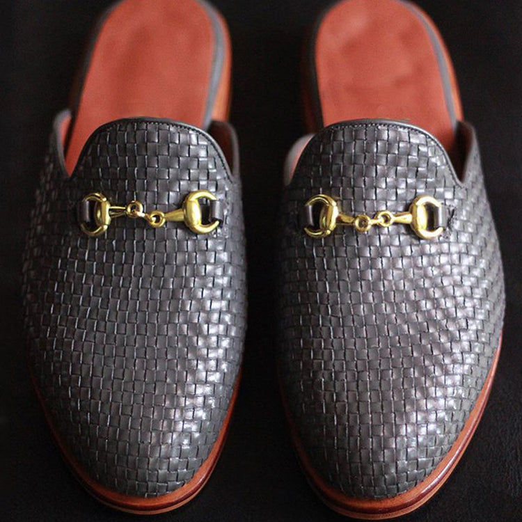 Height Increasing Black Woven Braided Leather Leiria Horsebit Slippers