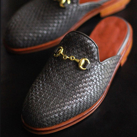 Height Increasing Black Woven Braided Leather Leiria Horsebit Slippers