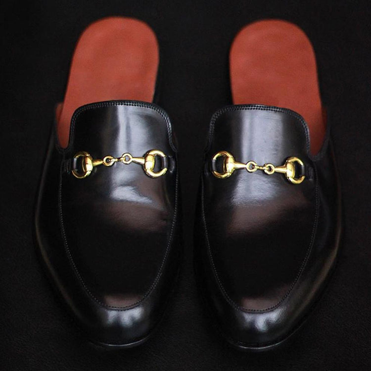 Flat Feet Shoes - Black Leather Leiria Horsebit Slippers with Arch Support