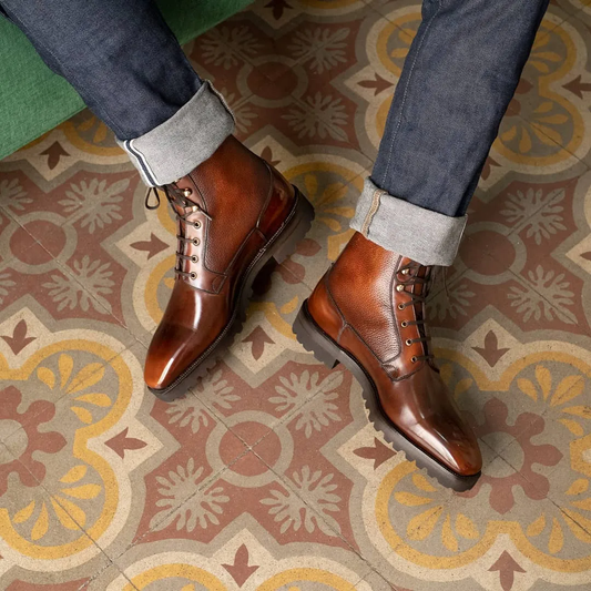 Tan Leather Geneve Chunky Hiking Combat Lace Up Oxford Boots