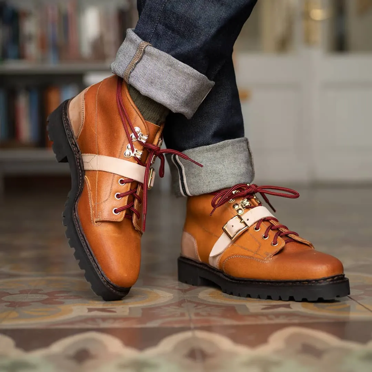 Tan Leather Reemes Chunky Hiking Combat Lace Up Derby Boots