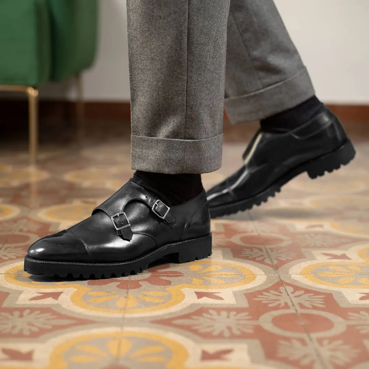 Black Leather Alissa Chunky Monk Strap Shoes with Toecap - With Track Soles