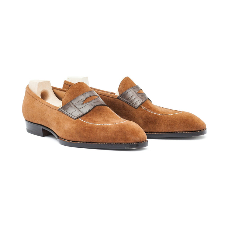 Height Increasing Goodyear Welted Vizela Tan Suede Croc Printed Penny Loafer With Violin Leather Sole