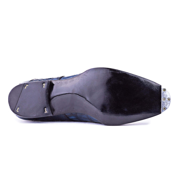 Flat Feet Shoes - Goodyear Welted Aveiro Navy Blue Leather Croc Print Double Monk Strap With Violin Leather Sole with Arch Support