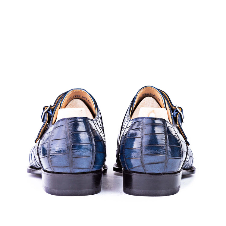 Height Increasing Goodyear Welted Aveiro Navy Blue Leather Croc Print Double Monk Strap With Violin Leather Sole