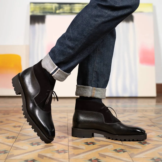 Black Leather and Suede Vermient Chunky Hiking Combat Lace Up Boots