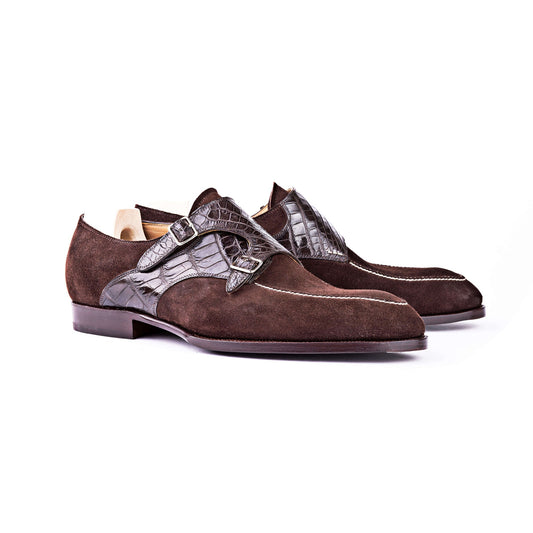 Height Increasing Goodyear Welted Murtosa Brown Suede and Leather Croc Print Double Monk Strap With Violin Leather Sole