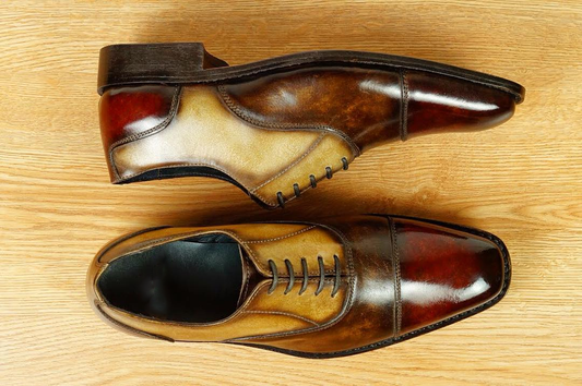 Burgundy Brown Leather and Matte Gold Leather Croglio Balmoral Oxfords - Formal Shoes