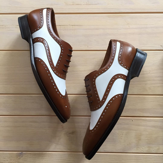 Height Increasing Tan and White Leather Lamego Brogue Oxfords - Formal Shoes