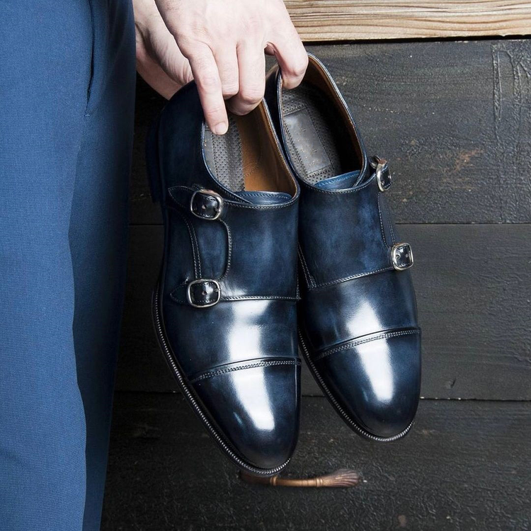 Navy Blue Leather Plovdiv Toe Cap Double Monk Straps