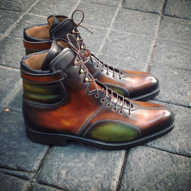 Tan and Green Leather Hellin Chelsea Boots