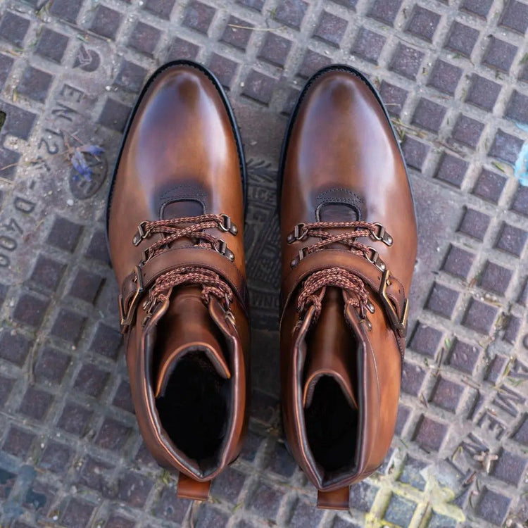 Tan Leather Headre Chunky Combat Boots