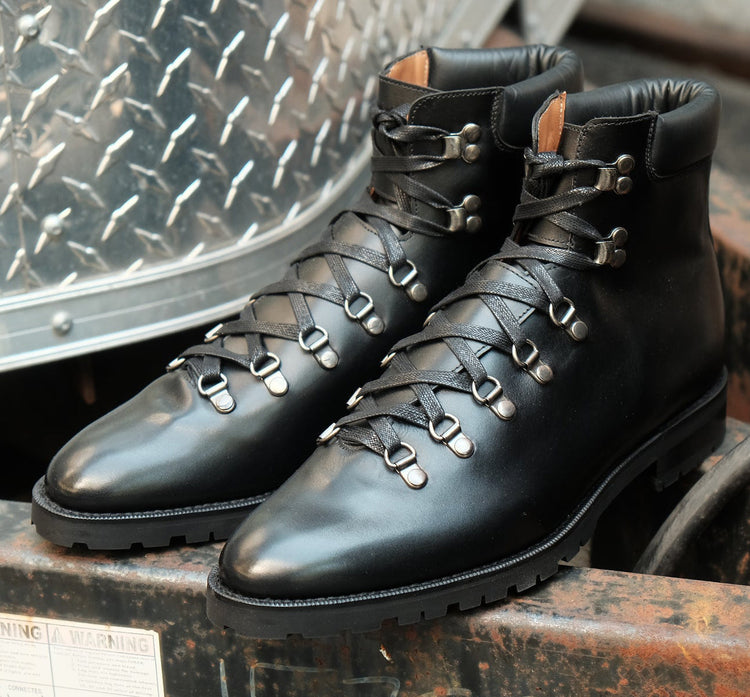 Height Increasing Black Leather Larett Chunky Hiking Combat Boots