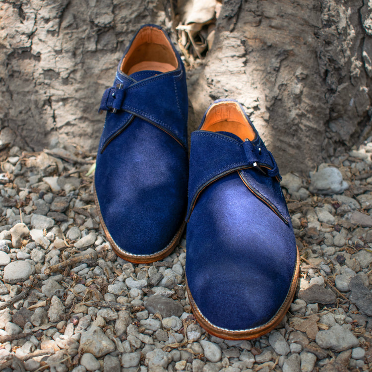 Navy Blue Suede Cheshire Monk Strap Shoes