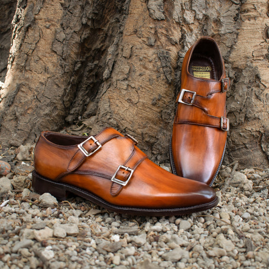 Tan Leather Leminst Monk Strap Shoes