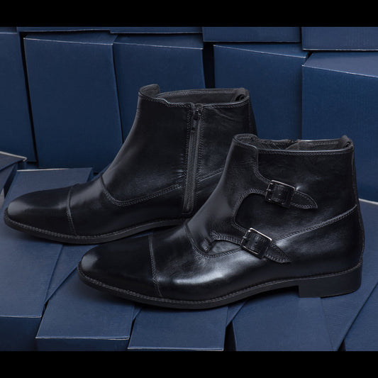 Black Leather Bordeaux Monk Strap Boots