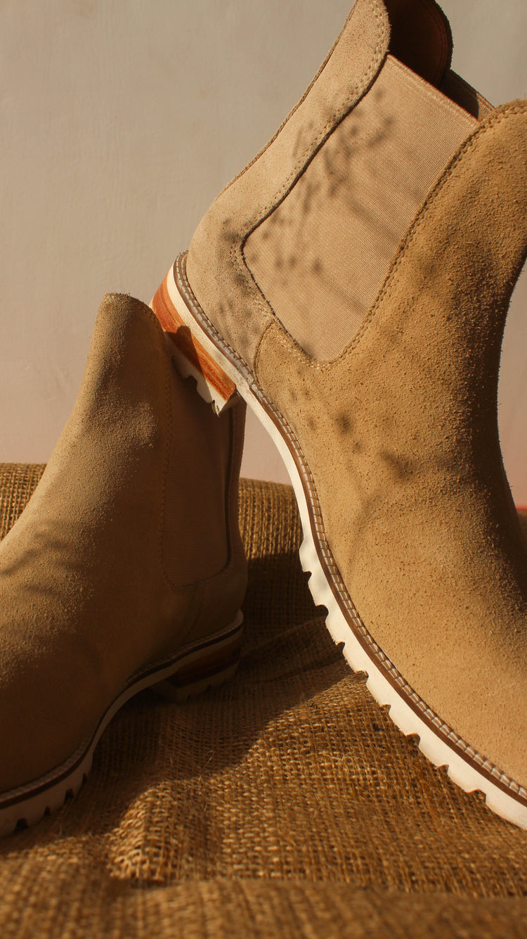 Beige Suede Leather Ferneto Chunky Chelsea Boots