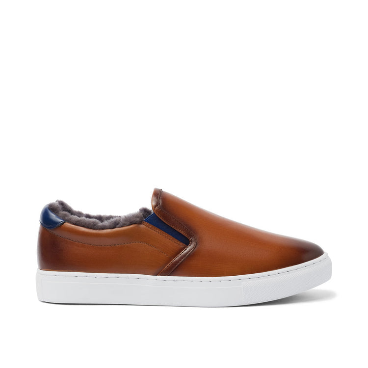 Height Increasing Tan Leather Alton Shearling Cuff Sneakers