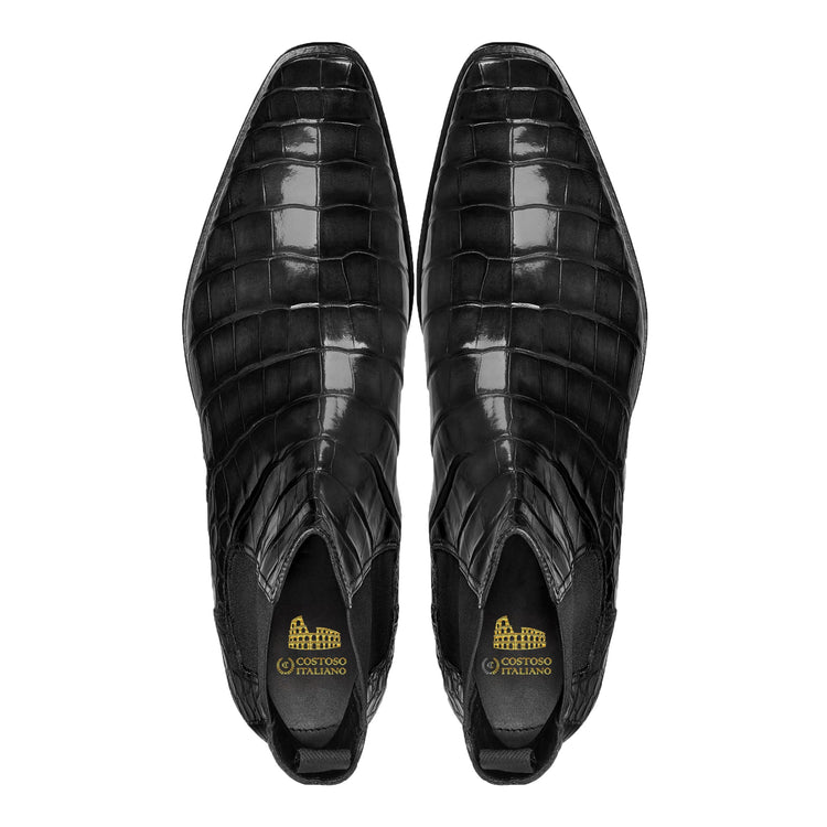 Black Alligator Textured Leather Evington Chelsea Slip On Boots