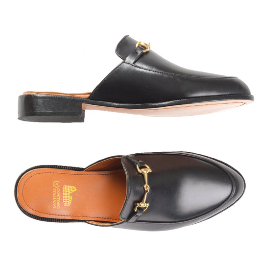 Black Leather Loures Horsebit Slippers
