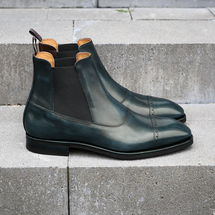 Navy Blue Leather Astorga Brogue Toecap Chelsea Boots