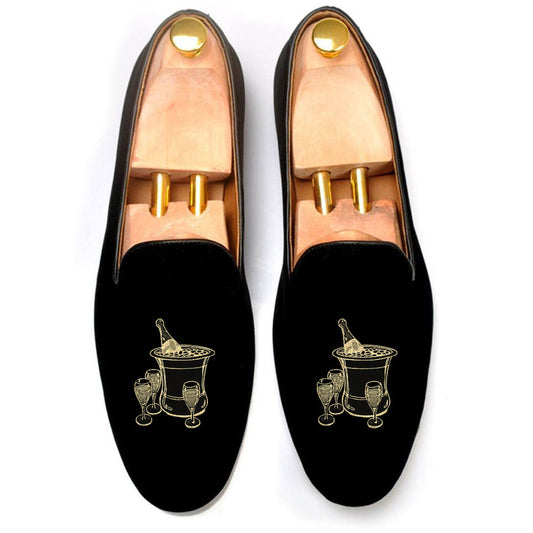Black Velvet Champagne Embroidered Loafers
