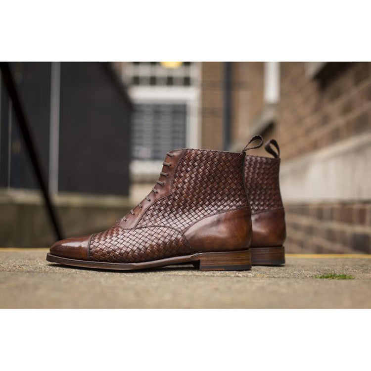 Brown Braided Leather Efford Lace Up Boots