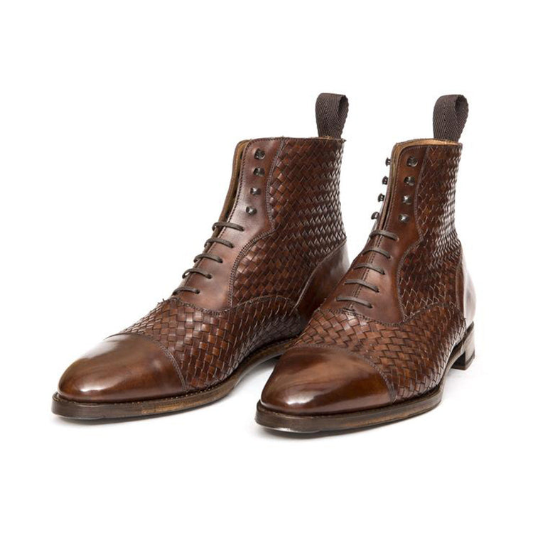 Brown Braided Leather Efford Lace Up Boots