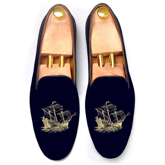 Blue Velvet Man o' War Embroidered Loafers