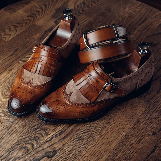 Tan Leather Baden Brogue Single Monk Straps