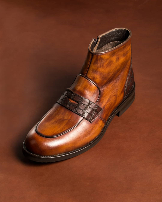 Tan Leather Barcelos Penny Zipper Boots